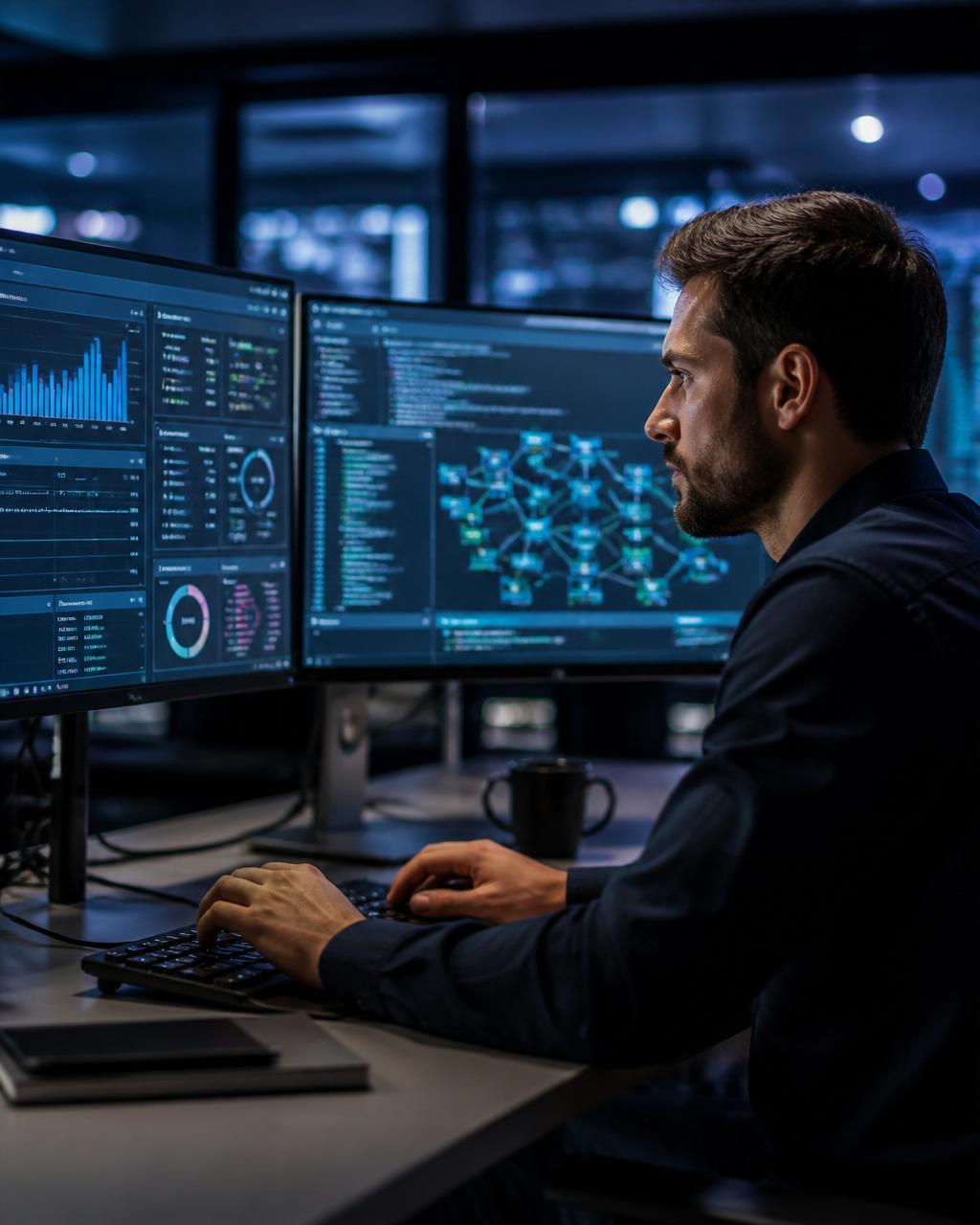 IT manager at multi-screen desk